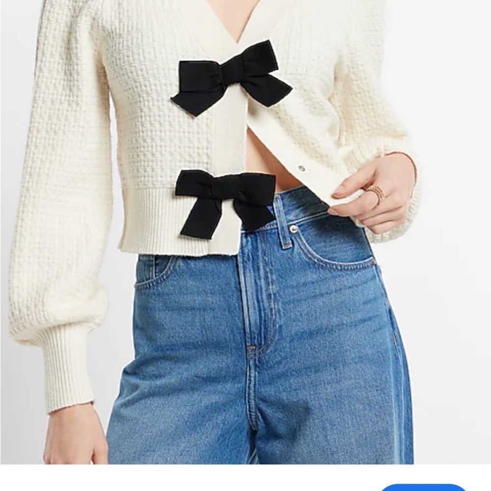 Express Cream Cardigan with Black Bow Details